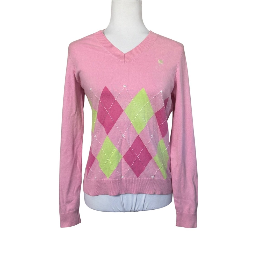 Lilly Pulitzer Vintage Sweater Argyle Academia Preppy Old Money Pink Green Small